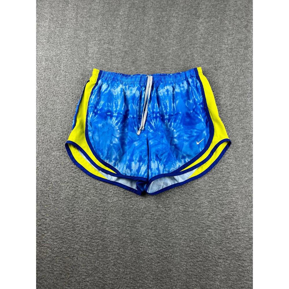 Nike Women's Blue Tie-Dye Athletic Shorts with Yellow Trim